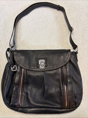 Brighton Black Leather Shoulder Bag Heart Charm Zip Pocket Hobo